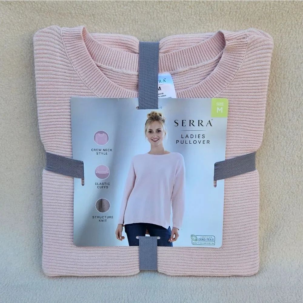 Serra Ladies Long Sleeve Crew Neck Pullover Top Pink Size M
